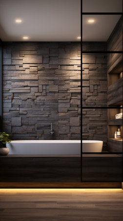 Bathroom in minimalist style. Bright or dark colors. Stone, or wood furniture. Modern interior design. Luxury bathroom interior. created with Generative AIの素材
