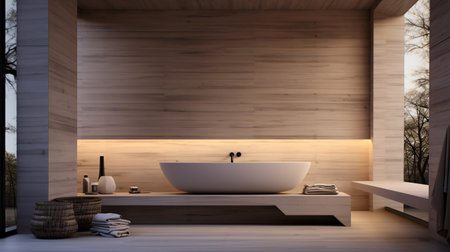 Bathroom in minimalist style. Bright or dark colors. Stone, or wood furniture. Modern interior design. Luxury bathroom interior. created with Generative AIの素材