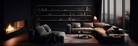 Living room in minimalist style. Bright or dark colors. Stone, or wood furniture. Modern interior design. Luxury saloon interior. created with Generative AIの素材