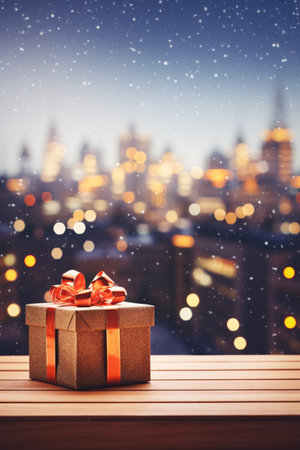 Gift box on wooden table over bokeh lights background, against snowy cityscape or christmas tree. Christmas and New Year concept. Product placement concept. Generative AIの素材