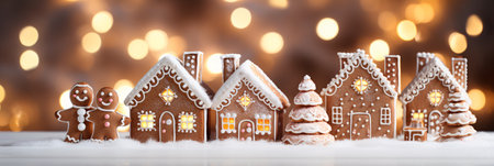 Beautiful gingerbread houses and candles on table in room decorated for Christmas, with bokeh lights, xmas tree. Christmas and New Year concept. created with Generative AIの素材