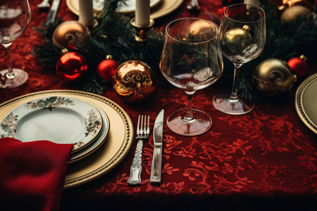 Christmas table setting with red tablecloth and cutlery on red tablecloth. Decorative baubles, and candles. created with generative AIの素材