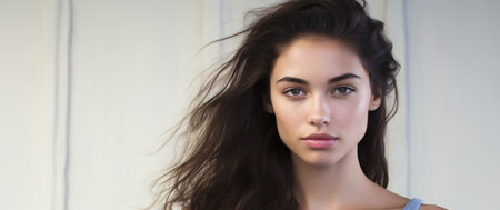 Portrait of a beautiful young brunette woman with long hair.の素材