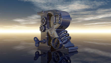 machine letter r under cloudy sky - 3d illustrationの写真素材