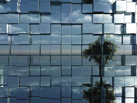 tree reflect in chrome cubes wall - 3d illustration