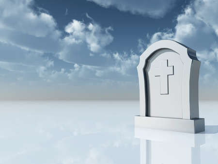 gravestone with christian cross under cloudy blue sky - 3d illustrationの写真素材