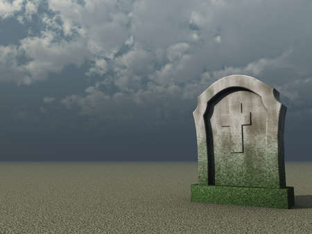 gravestone with christian cross under cloudy blue sky - 3d illustrationの写真素材