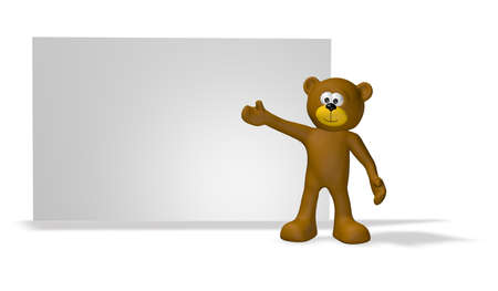 teddy bear in front of blank white board - 3d illustrationの写真素材