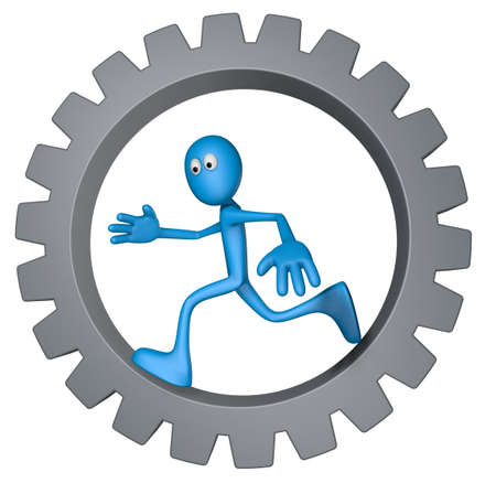 blue guy is running inside gear wheel - 3d illustrationの写真素材