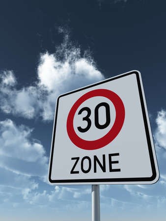 roadsign thirty area under cloudy blue sky - 3d illustration