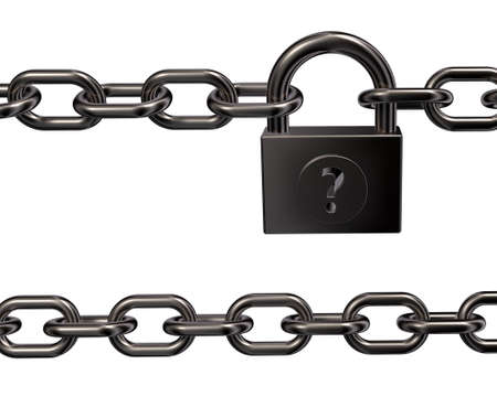 padlock with question mark and chains on white background - 3d illustrationの写真素材