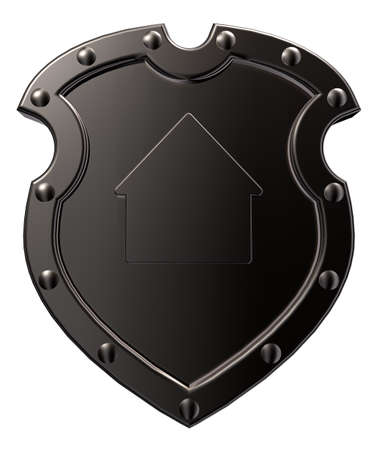 metal shield with house symbol on white background - 3d illustrationの写真素材