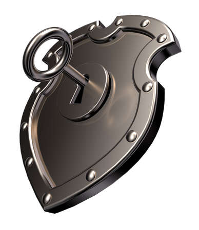 metal shield with keyhole on white background - 3d illustrationの写真素材