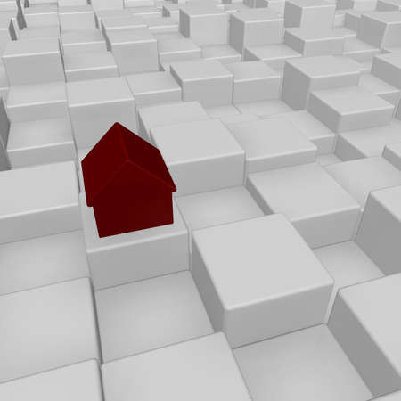 simple house model in abstract cubes space - 3d illustrationの写真素材