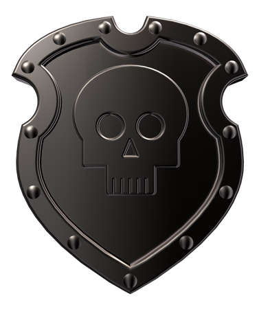 metal shield with skull symbol on white background - 3d illustrationの写真素材