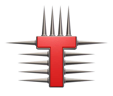 letter t with metal prickles on white background - 3d illustrationの写真素材