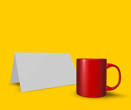 red mug and blank white card - 3d illustrationの写真素材