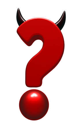 question mark with horns on white background - 3d illustrationの写真素材