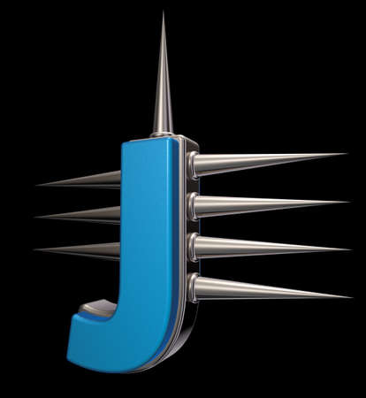letter j with metal prickles on black background - 3d illustrationの写真素材