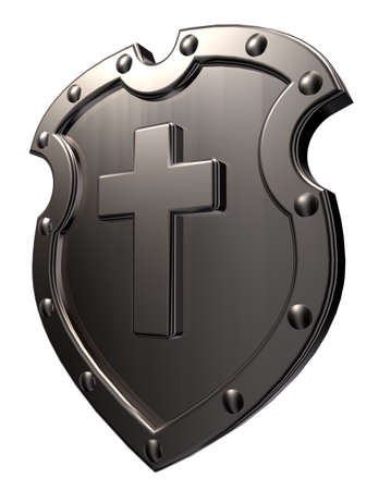 metal shield with christian cross  on white background - 3d illustrationの写真素材