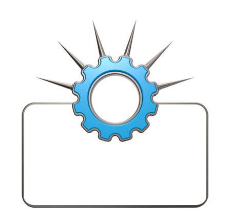 gear wheel with prickles in front of blank white sign - 3d illustrationの写真素材