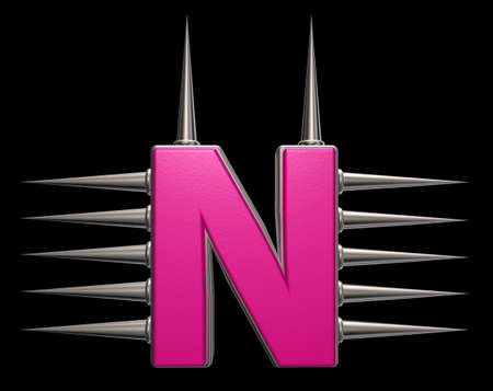 letter n with metal prickles on black background - 3d illustrationの写真素材