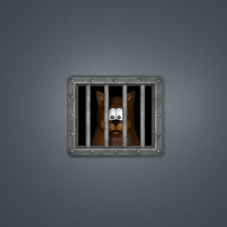 sad cartoon cat behind riveted metal prison window - 3d illustrationの写真素材