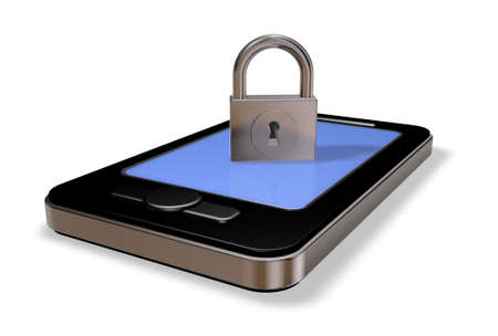 smartphone and padlock on white background - 3d illustrationの写真素材