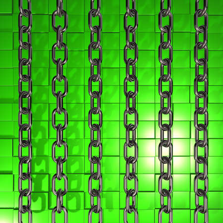 metal chains on green cubes background - 3d illustrationの写真素材