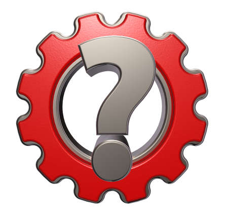 gear wheel and question mark on white background - 3d illustrationの写真素材