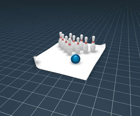 bowling pins and ball on white paper sheet - 3d illustrationの写真素材