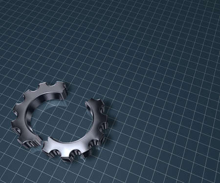 broken gear wheel on squared blue background - 3d illustrationの写真素材