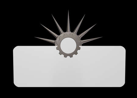 gear wheel with prickles in front of blank white sign - 3d illustrationの写真素材