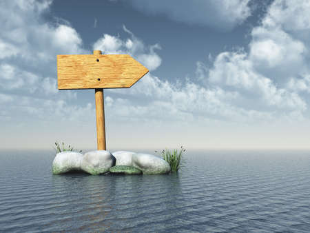 wooden roadsign and stones at water under cloudy blue sky - 3d illustrationの写真素材