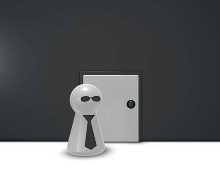 play figure with tie in front of a door - 3d illustrationの写真素材