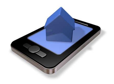 smartphone with simple house model on display - 3d illustrationの写真素材