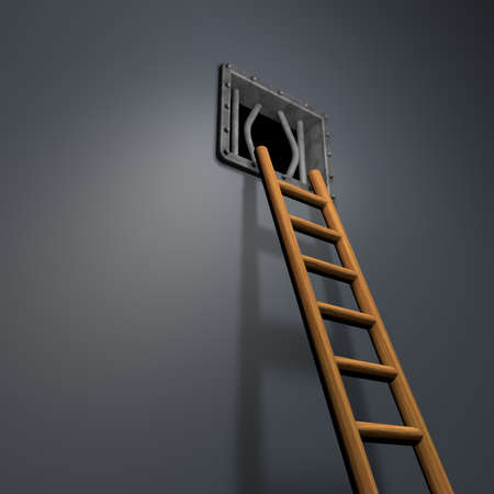 riveted steel prison window and wooden letter - 3d illustrationの写真素材
