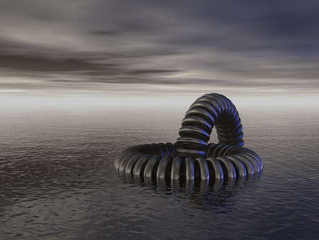abstract metal rings construction at water - 3d illustrationの写真素材