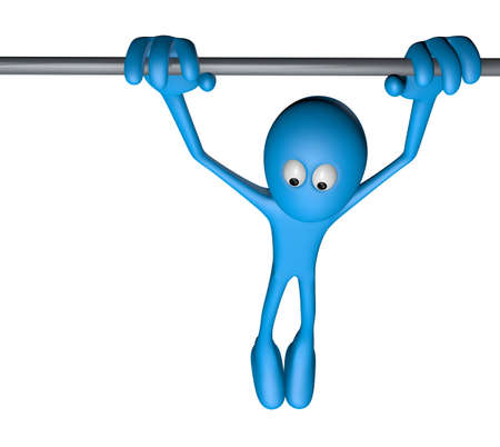 blue cartoon guy, hanging on a bar - 3d illustration