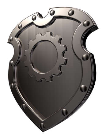 riveted metal shield with gear wheel symbol on white background - 3d illustrationの写真素材