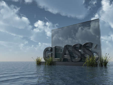 the word glass in glass at water and blue cloudy sky - 3d illustrationの写真素材