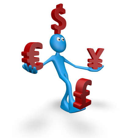 cartoon guy and currency symbols - 3d illustraionの写真素材