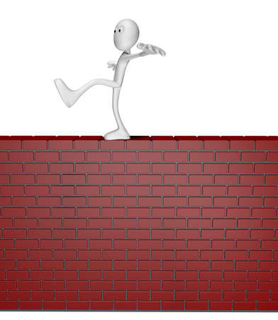 cartoon guy balances on brick wall - 3d illustrationの写真素材
