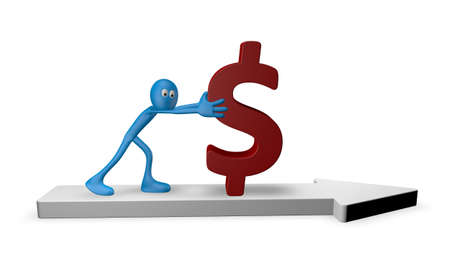cartoon guy pushes dollar on arrow - 3d illustrationの写真素材