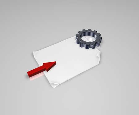 arrow, gear wheel and blank white paper sheet - 3d illustrationの写真素材