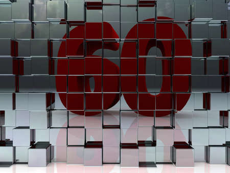 wall of metal cubes reflect number sixty - 3d illustrationの写真素材