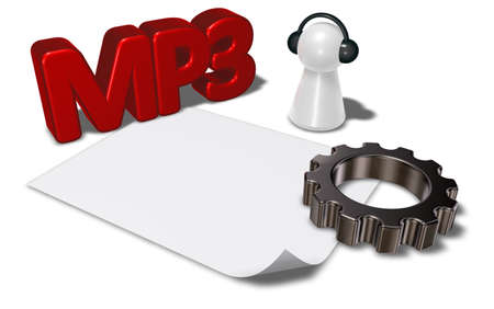 mp3 tag, gear wheel and pawn with headphones - 3d renderingの写真素材