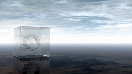 gear wheel in glass cube on reflective surface - 3d renderingの写真素材