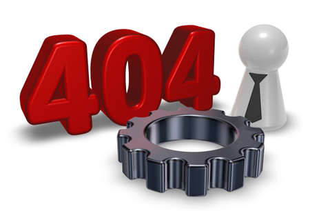error 404 page not found - message, pawn with tie and gear wheel - 3d illustrationの写真素材
