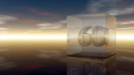 number sixty in glass cube under cloudy sky - 3d renderingの写真素材